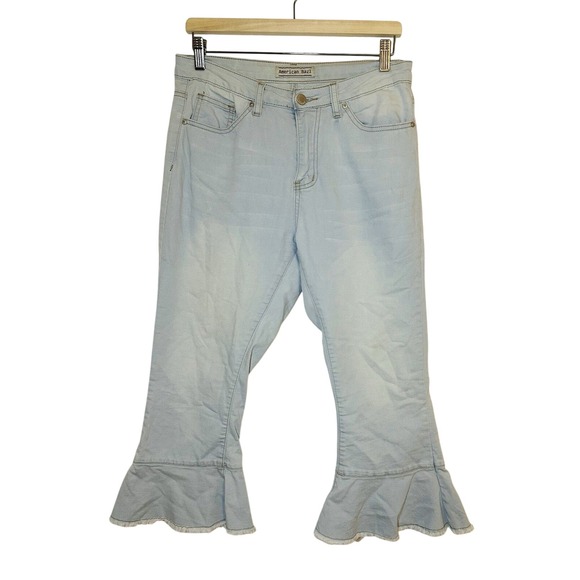 American Bazi Denim - American Bazi Crop Flare Hippie‎ Retro Blue Jeans Raw Hem Women's SMALL